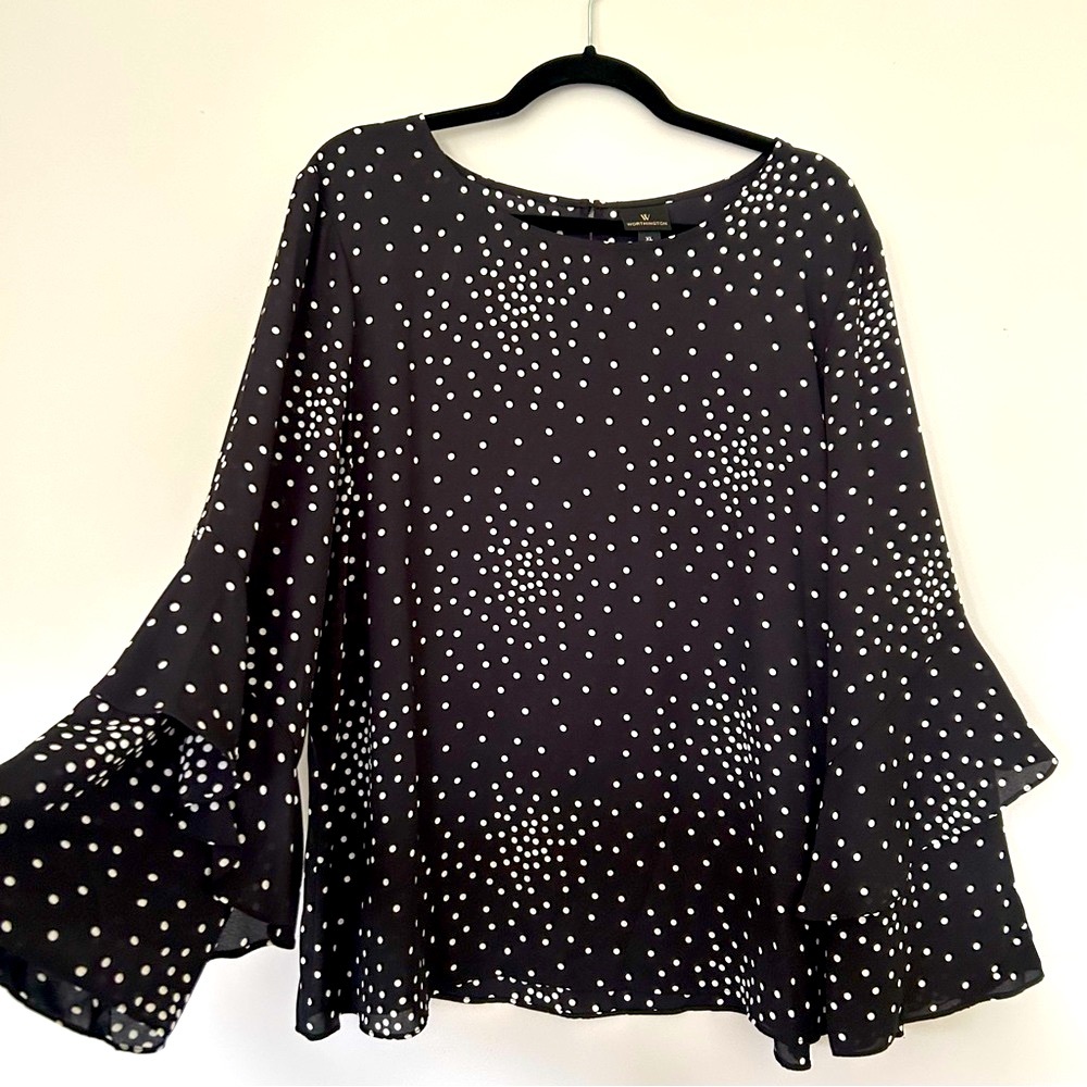NWOT - Worthington Black/White Polka Dot Flare Sleeve Top, Stylish and Pretty XL